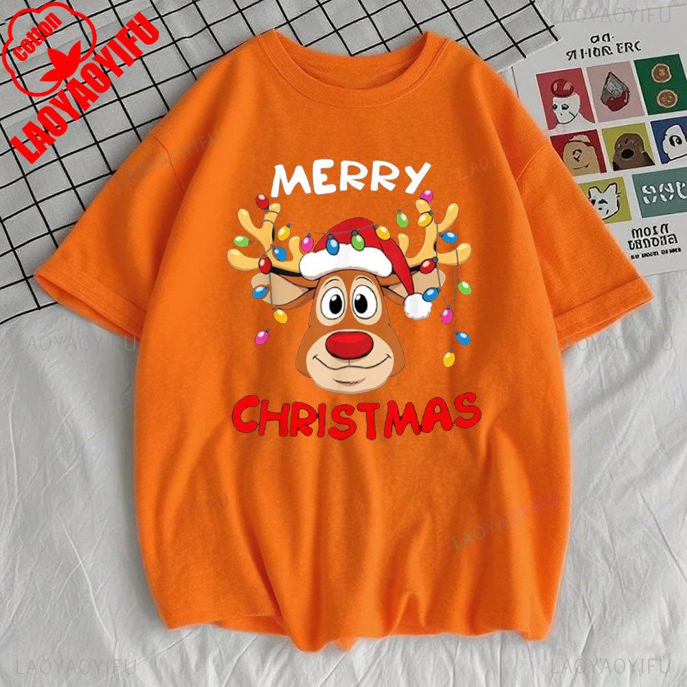 Frohe Weihnachten Rentier Weihnachten Familie Damen T-Shirt Erntedankfest Mode Streetwear O-Ausschnitt Kurzarm Baumwoll-Tops