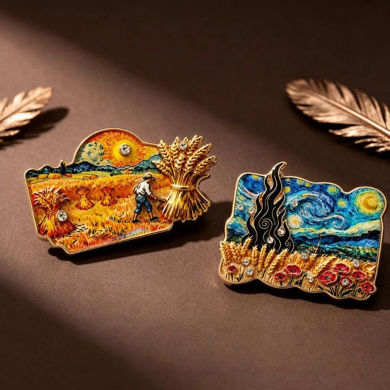 Van Gogh Art Collection Brooch 1Pcs Starry Night Design Enamel Pin Unique Lapel Badge for Art Exhibition Wear