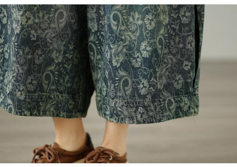 Nieuwe Plus Size Bloemen Jacquard Zacht Denim Wijde Pijp 7/8 Broek - Casual Zomer Mode