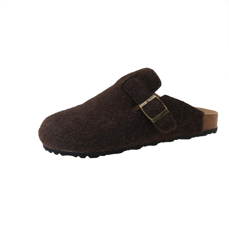 Platform-soled Birkenstock Shoes, Woolen Bag Head, Half Slippers, Women's Outer Wear 2025 Spring and Autumn New Belt Buckle Slippers