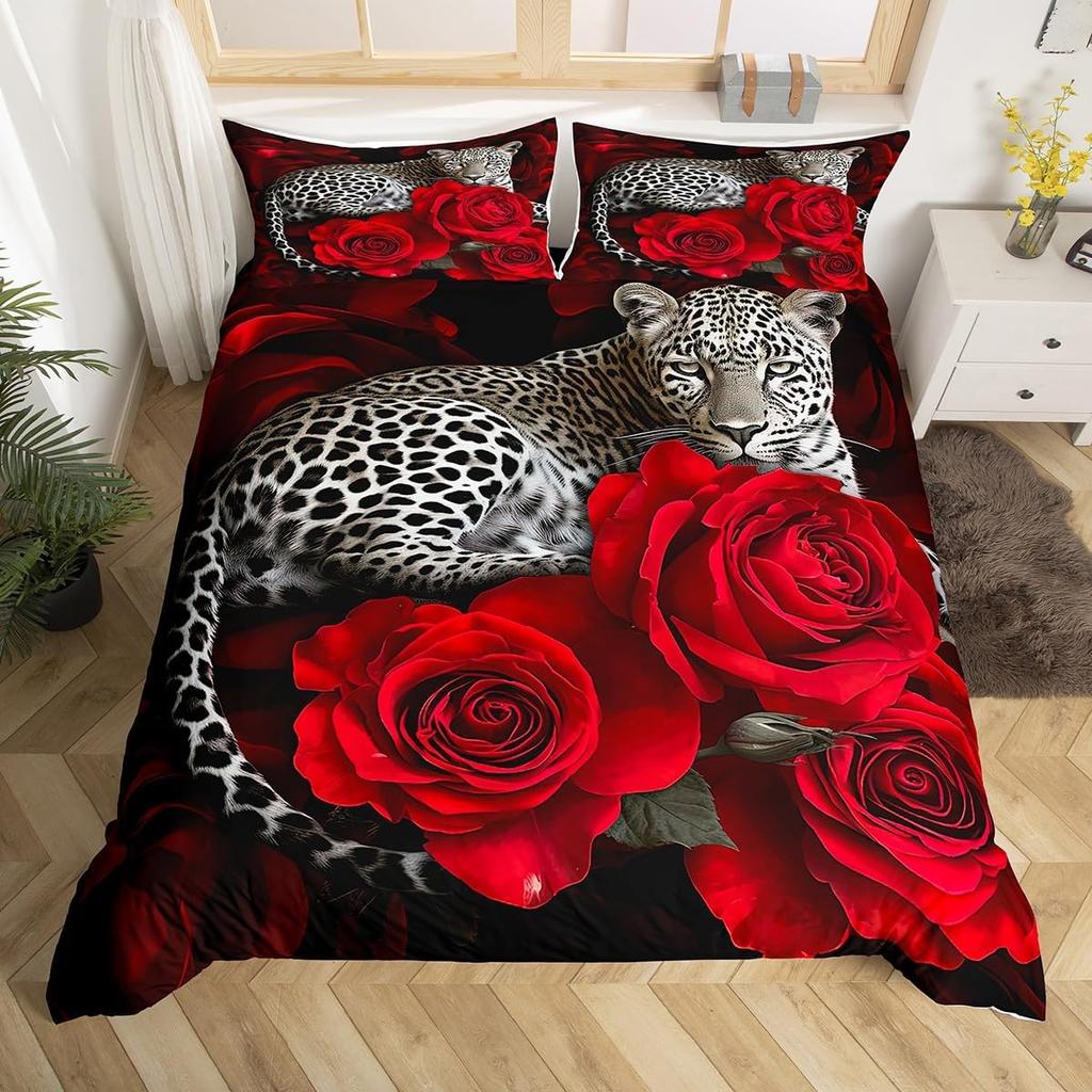 Leopard Bedding Set Wild Cheetah Comforter Cover Rose Romantic Floral Duvet Cover For Boys Girls Room Decor Twin Full Queen King