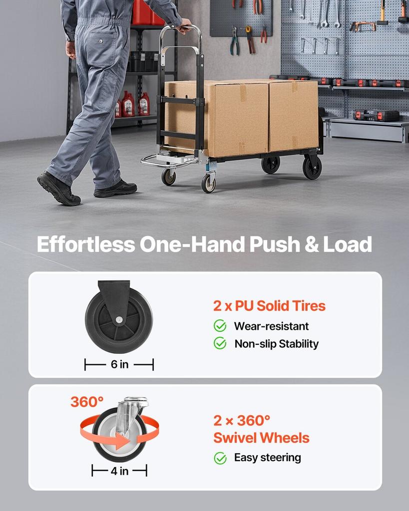 2 in 1 Folding Hand Truck, 226.9 kg Load Capacity for 4-Wheel Mode, Convertible Hand Truck Dolly with Wheels & Adjustable Handle, Portable Trolley