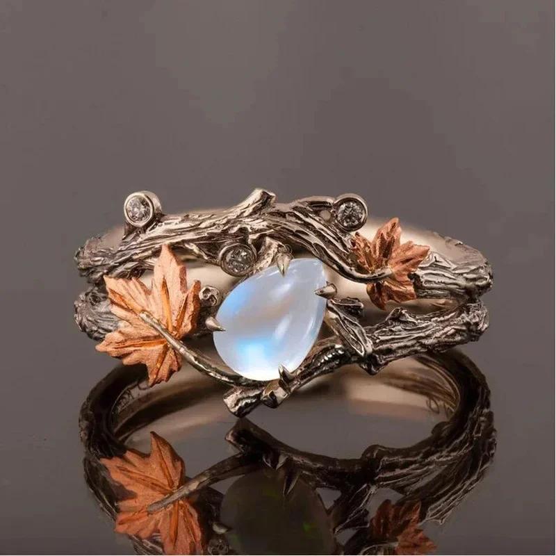 Luxusní Vintage Niche Design Prsten s dvojitou vrstvou Větev stromu Javorový list Ženy Muži Lehký luxus Bílý drahokam Sváteční párty Šperky