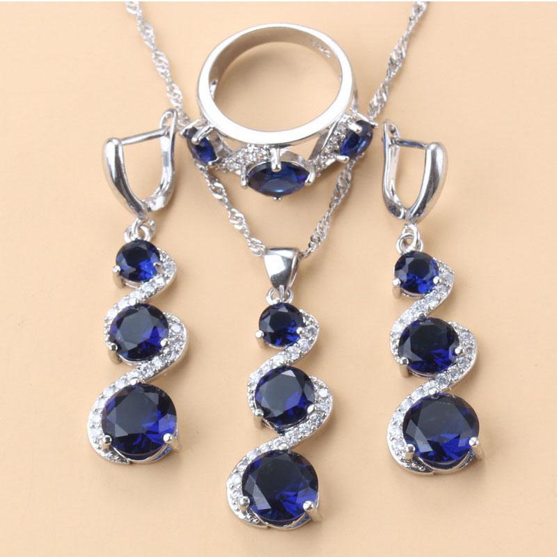 

Серебряное свадебное платье 925 пробы, ювелирные изделия для невесты и подружки невесты, серьги и кольцо из голубого камня, комплект женского ожерелья, бесплатная подарочная коробка 7