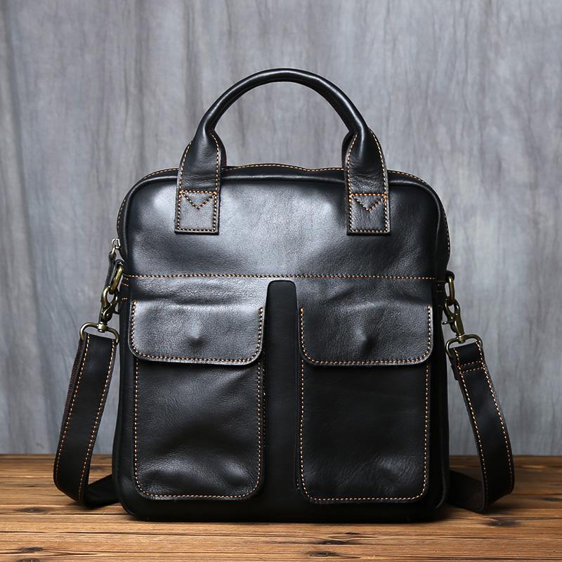 NZPJ New Retro Leather Men's Handbag Top Layer Cowhide Vertical Single Shoulder Messenger Bag Postman Briefcase Computer Bag