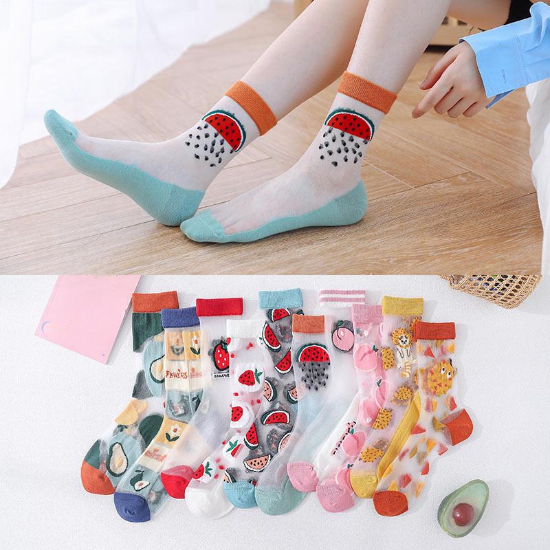 1Pair Japanese Korea Style Socks Women's Casual Creative Transparent Silk Trend Fruit Print Ultrathin Glass Silk Socks