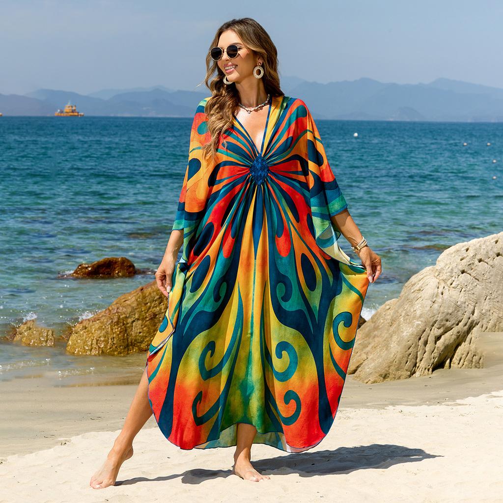 Beach Kaftans for Women Butterfly Printed Plus Size Cover Ups for Swimwear Maxi Dresses Summer Holiday Bathing Suits