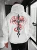 White Hooded Sweatshirt with Ferocious Dragon & Wings Totem Design for Men - Oriental Myth Cross Sword Pattern, Streetwear