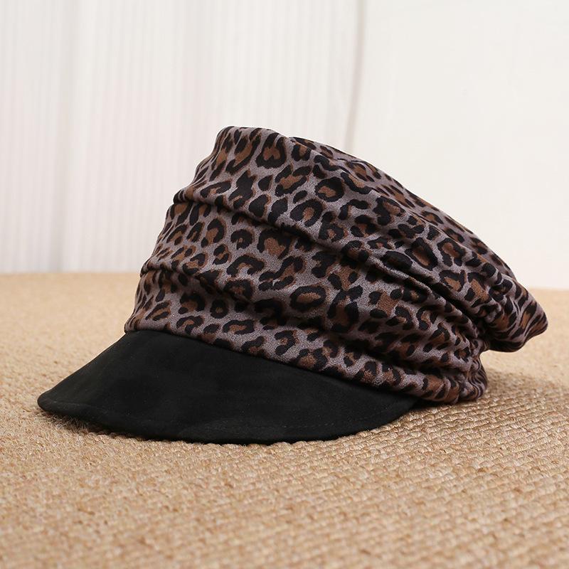 Suede leopard print color matching retro pleated equestrian hat women's spring and autumn new face small beret versatile sun hat