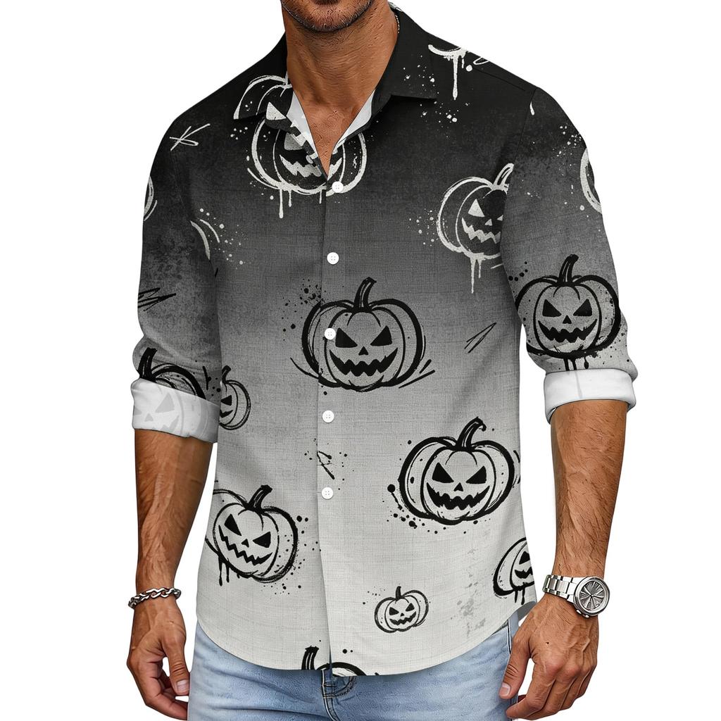 Men's Loose Fit Long Sleeve Shirt Halloween Pumpkin Print Casual Button Down Shirt Vintage Style Breathable Fabric Comfortable for Outdoor Workwear