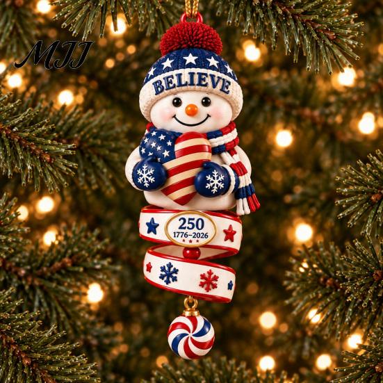Indoor Outdoor Festive Decor 2026 Patriotic Snowman Christmas Ornament, Acrylic Hanging for Tree, Tree Ornament Holiday Pendant Home Party Accessory