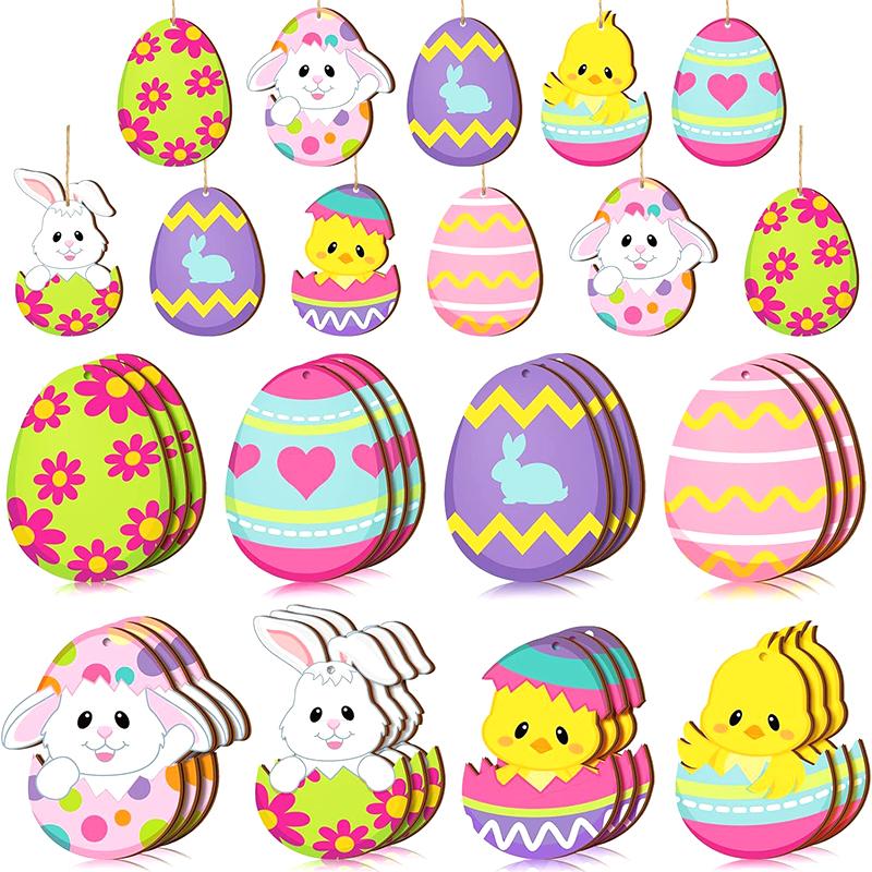 

24 шт. Весенние пасхальные деревянные украшения Счастливой Пасхи Вырезные украшения Милые праздничные украшения с веревочками