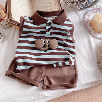 Moda Infantil Dibujos Animados Rayas Manga Corta Pantalones Cortos Playa Casual Primavera Y Verano Traje de Niño Camiseta sin Mangas+Pantalones Cortos
