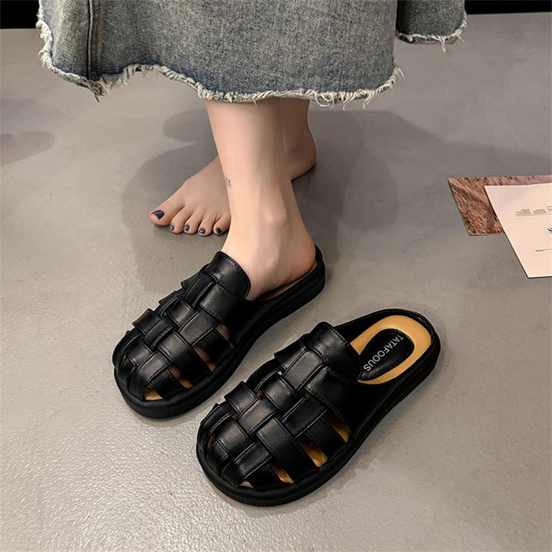 Women's Flat Bot Hollow Woven Sandals Open Toe Slip-On Summer Oes Korean Sle  Knot PU Material Rubber Sole
