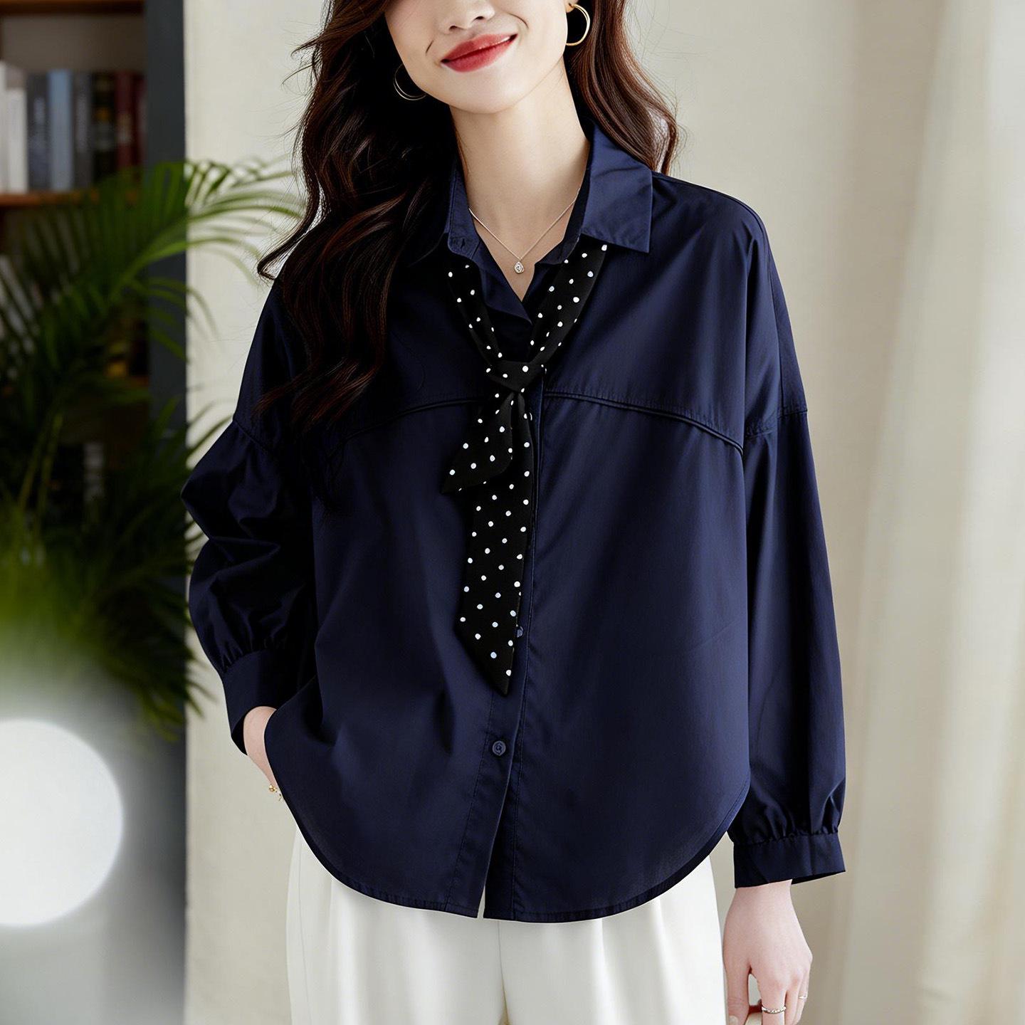 

Women s Casual Long-Sleeve White Cotton Shirt with Scarf - 2026 Spring Collection One Size