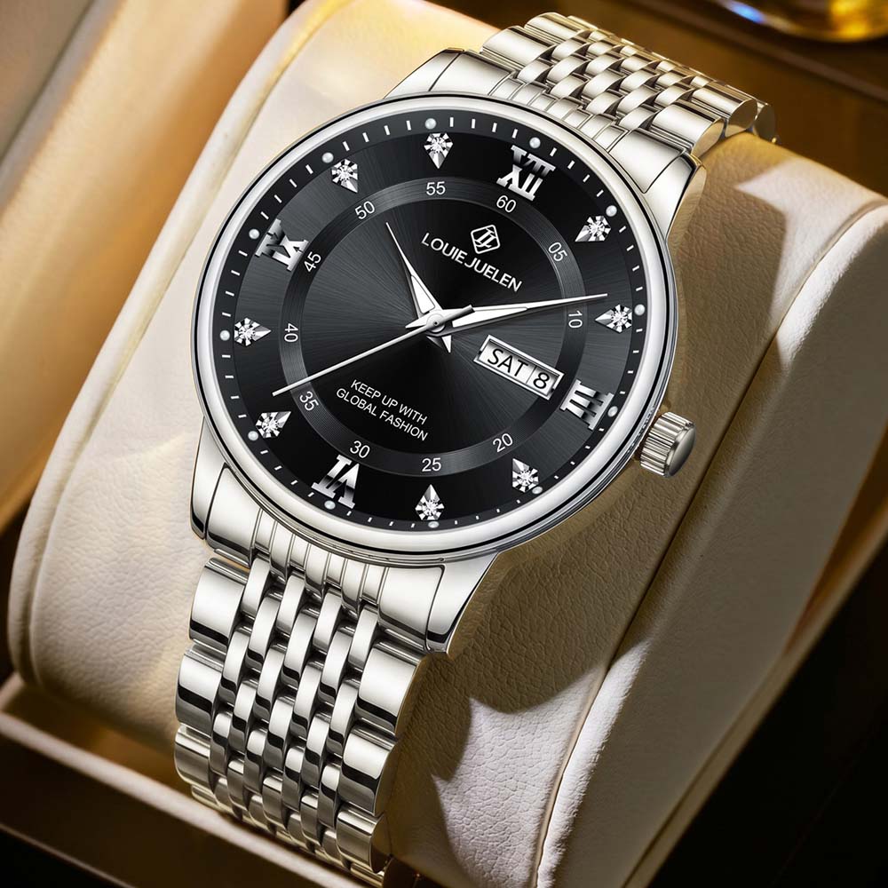 LOUIE JUELEN New Men's Quartz Watch Diamond-Set Dial Dual Date Windows Business Watch Luminous Scratch-Resistant Men's Watch