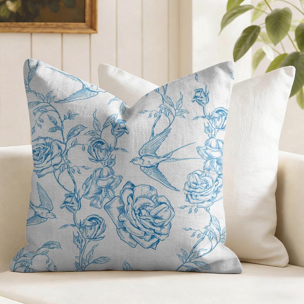 Federa per Cuscino Fiori Retrò Blu Federa per Cuscino in Lino Naturale Federa per Cuscino Stampa Double Face per Divano Decorazione Casa