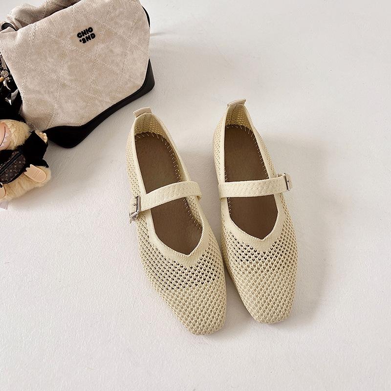 Fashion Women's Fly Weave Mesh Shoes Summer New Breathable Soft Sole Slip on Casual Shoes Lightweight Comfortable Buckle Strap Low Heels