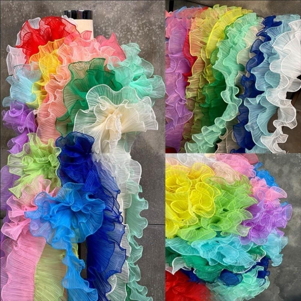 1 Yard Pleated Fabric Magic Color Ruffle Pleated Pleated Lace Rose Flower Pattern Organza Translucent Laser Gradient Lace