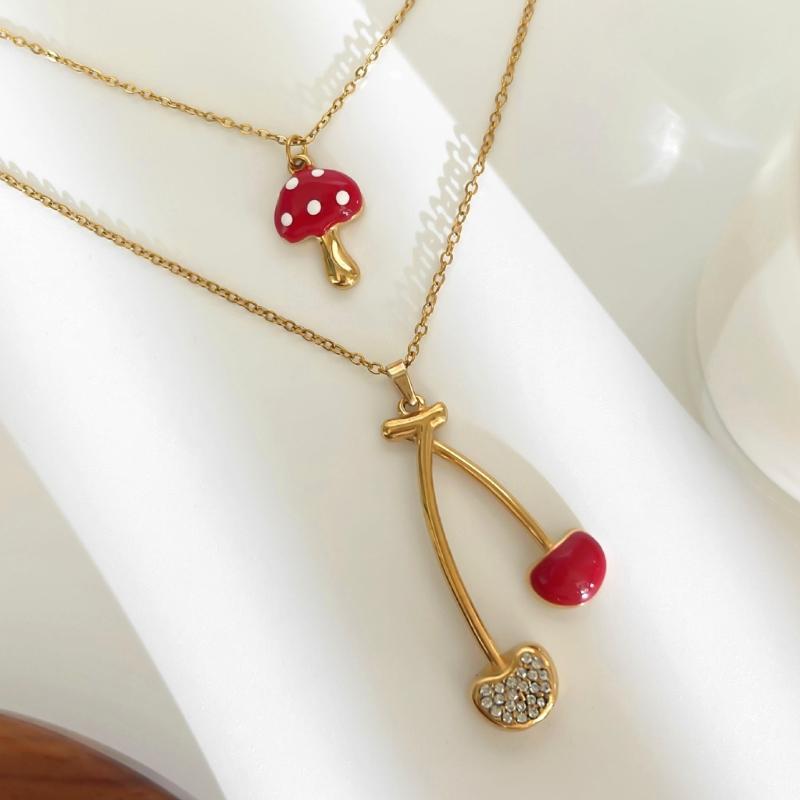 Simple Cherry Mushroom Drop Oil Pendant Neckchain Stainless Steel Layering Necklace Jewelry For Women Daily Wear