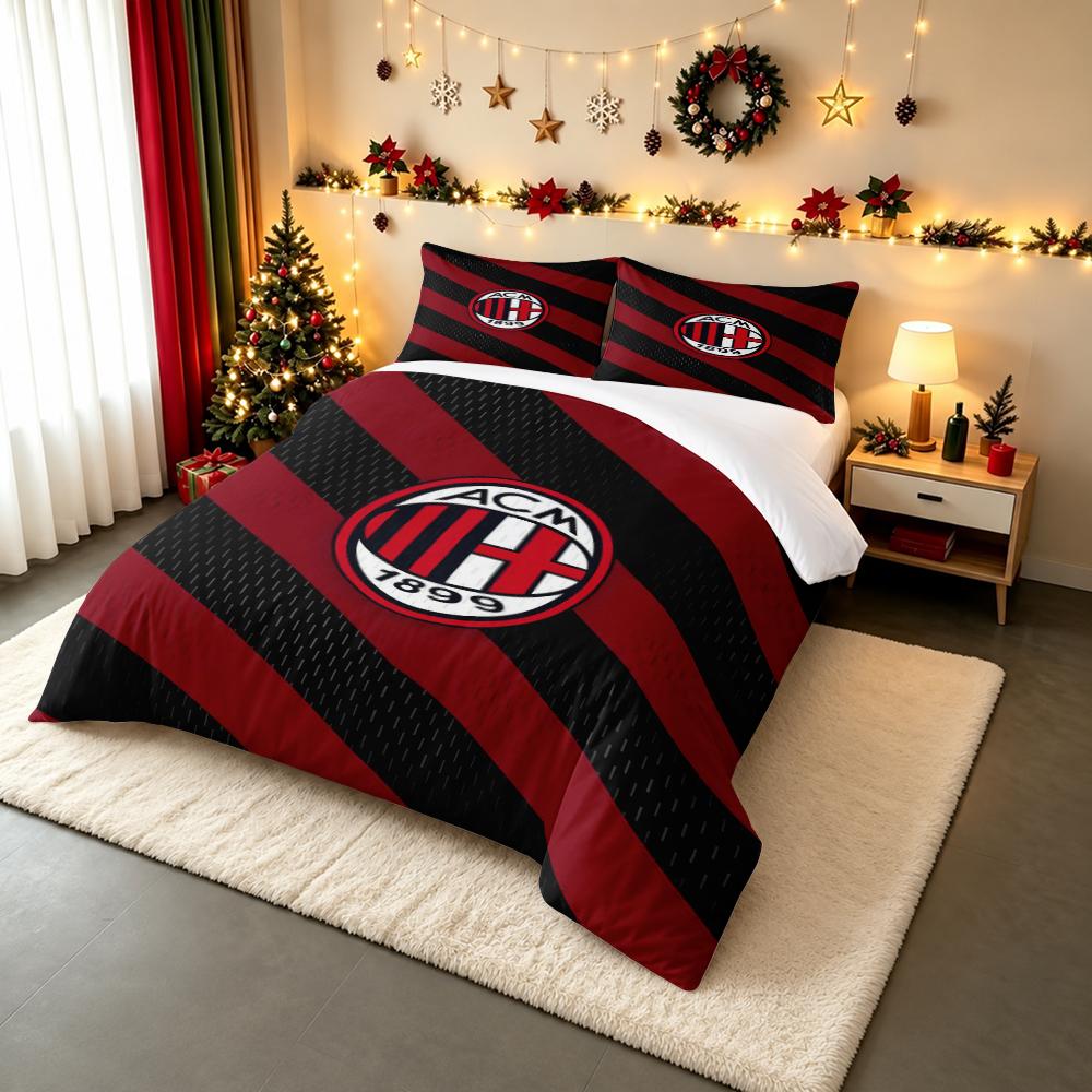 AC Milan Logo Classic Striped Bedding set, Bedding set (1 duvet cover, 2 pillowcases, duvet not included).
