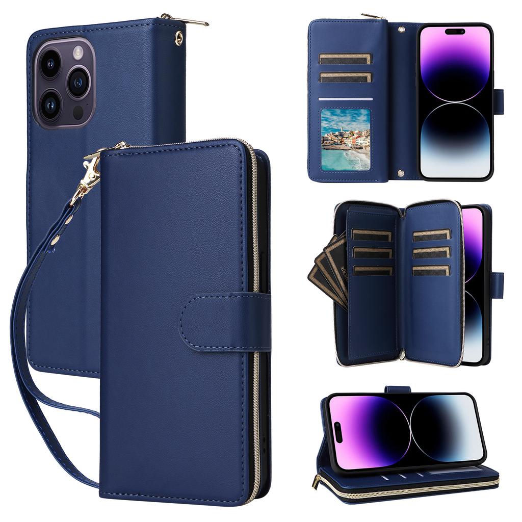 R20 For iPhone 14 Pro Case Zipper Pocket PU Leather Cover with 9 Card Slots