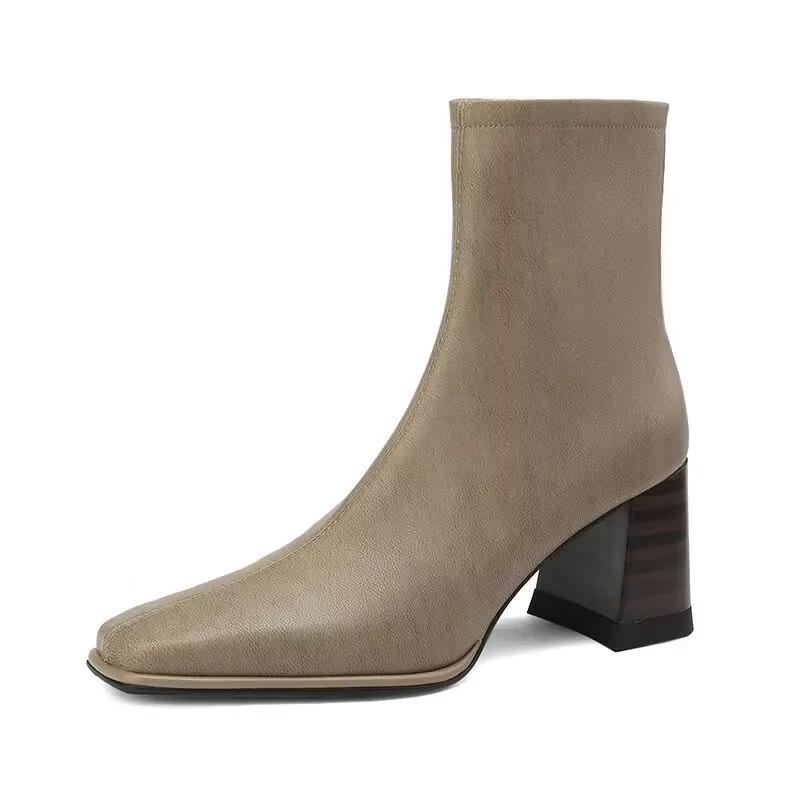 New Women Ankle Boots Square Head Suede Thick Heel Single Boots Low Barrel Mid Heel Side Zipper Solid Color Women Boots