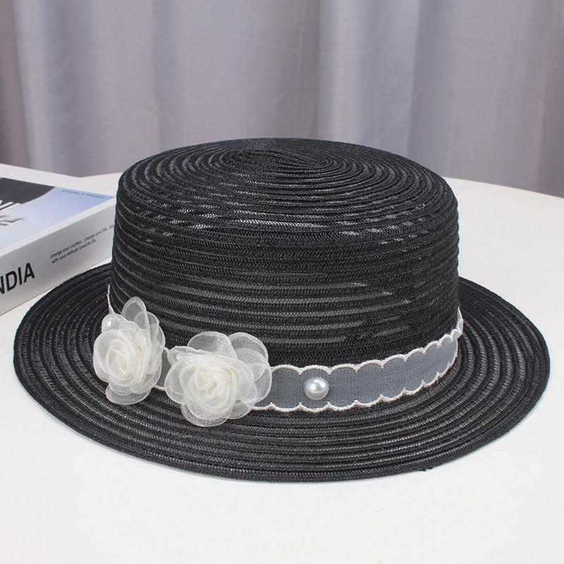 Transparent Straw Hat for Women Summer Beach Shade and Sun Protection Sun Hat Fashionable Temperament Floral Flat Top Hat
