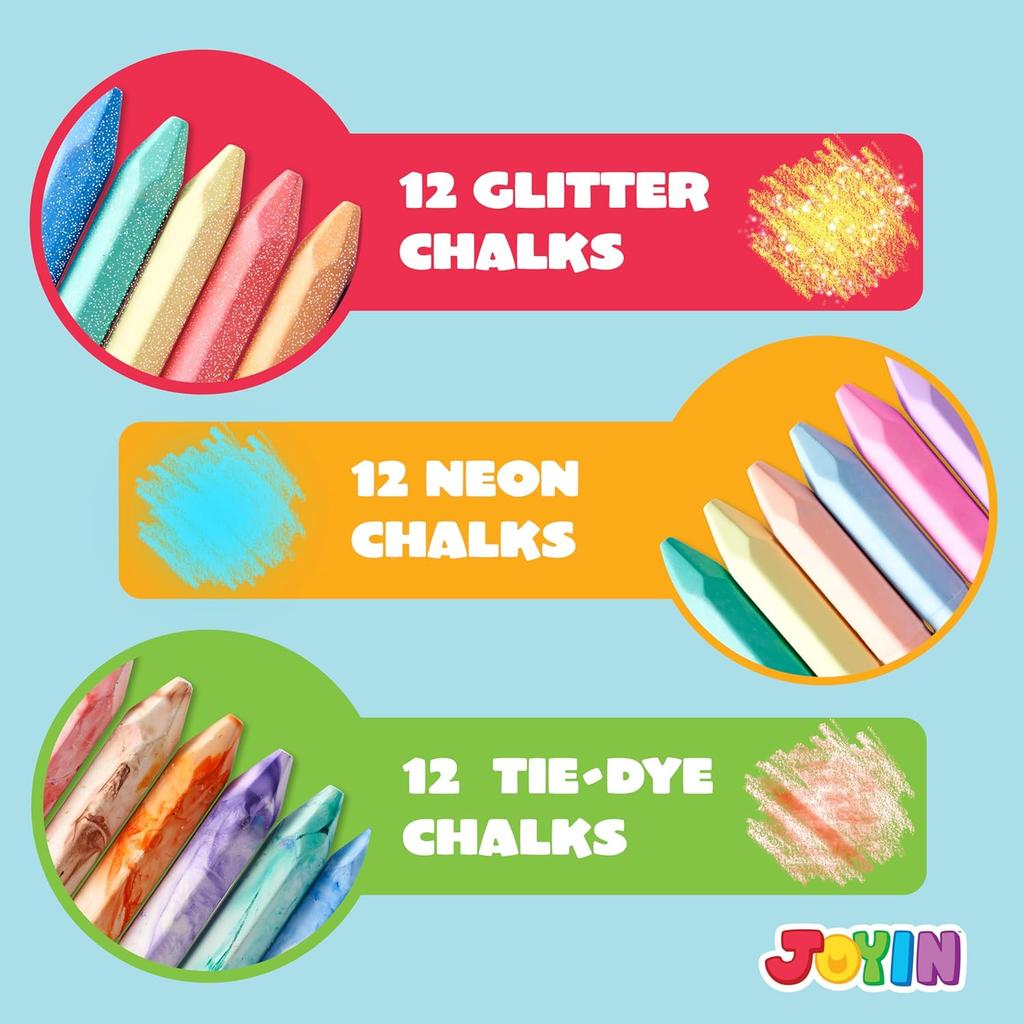 סט גיר לרחובות JOYFY 36 יחידות, רחיץ, ב-6 אריזות, 18 צבעים הכוללים 12 צבעי טאי דאי, 12 צבעי נצנצים ו-12 צבעי ניאון, גירים לשימוש חיצוני