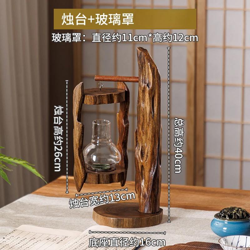 Log Wind Lamp Creative Candlestick Retro Southeast Asia Glass Cover Candlestick Outdoor Windproof Lantern Zen Decoration