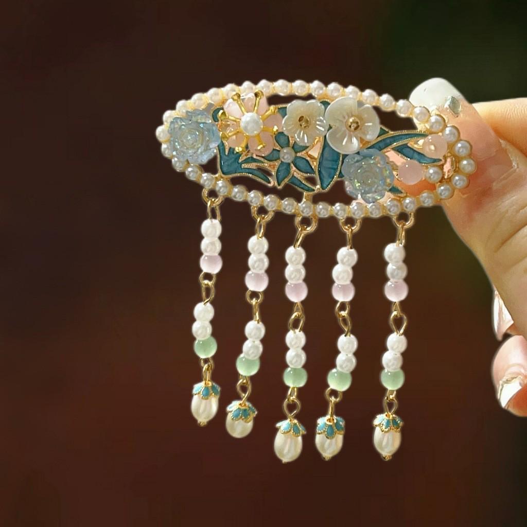 Elegant Blue Cloud Pearl Hairpin with Tassel