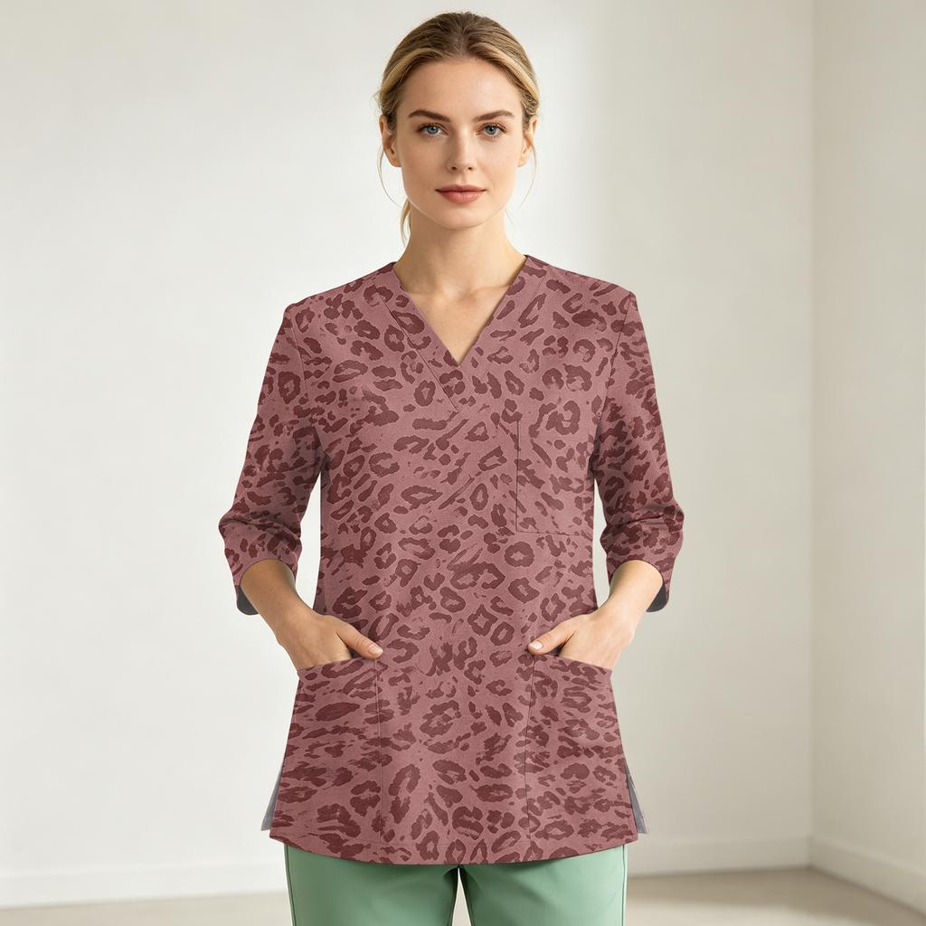 Women's Printed V-Neck Uniform Top with Single Pocket and Side Slit, 3/4 Sleeve