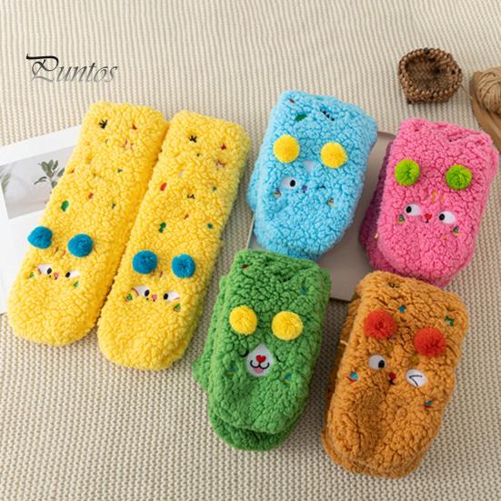 1 Pair Winter Floor Socks Cartoon Design Animal Embroidery Ultra Thick Fleece Keep Warm Mid-tube Non-slip Slipper Socks