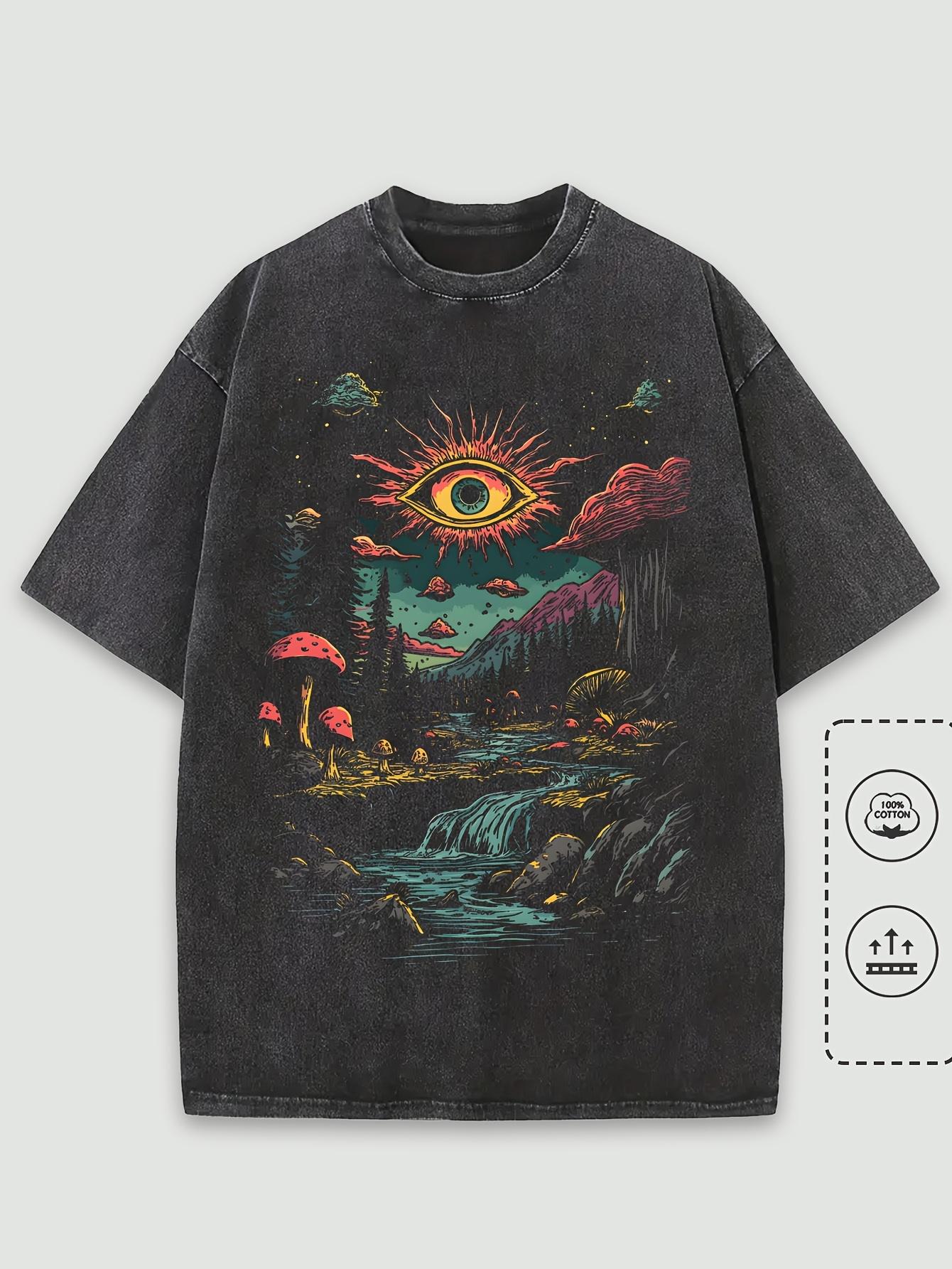 Vintage Mens Washed Cotton Graphic TShirt Dark Fantasy Forest Glowing Sun Eye Print Soft Streetwear Top Tee Unisex S