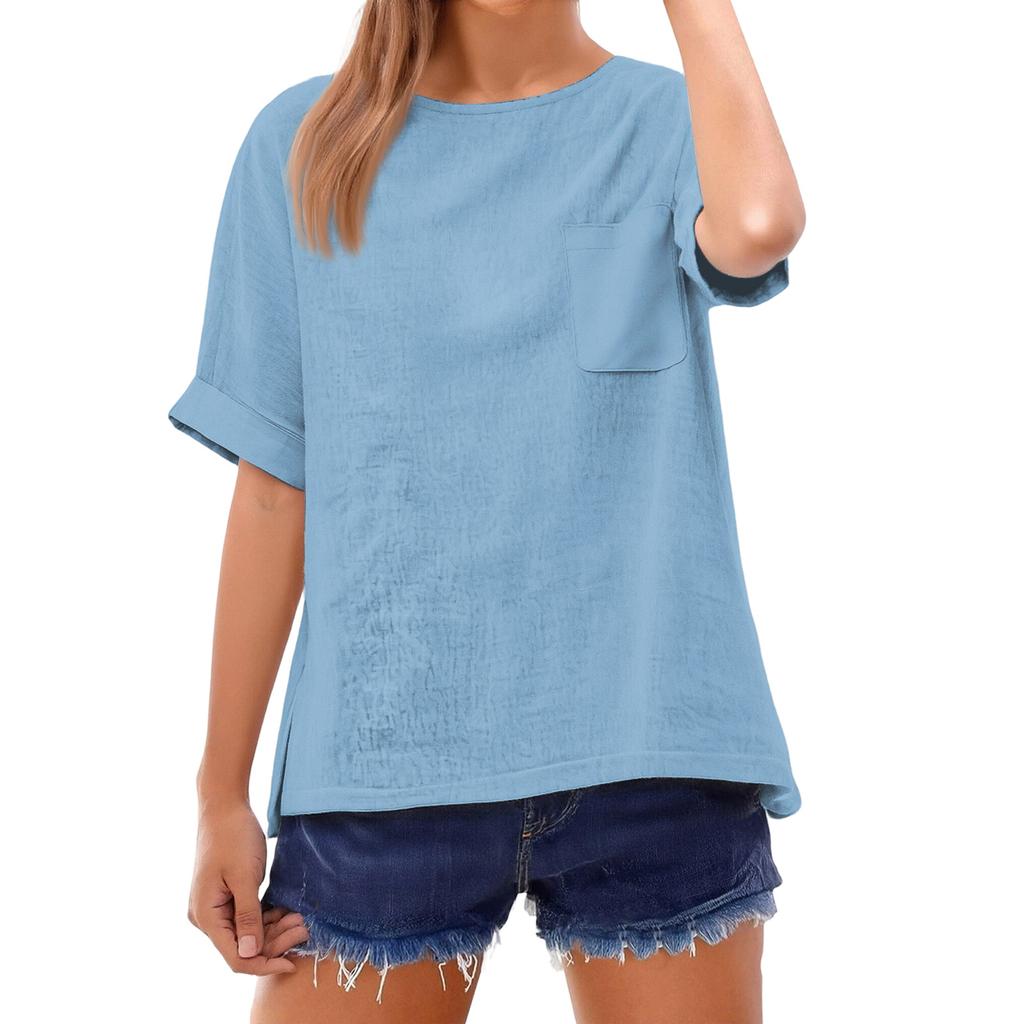Fashionable Color Short Sleeve T-Shirt With Pocket Design, Fashionable Round Neck Lightweight Top For Women