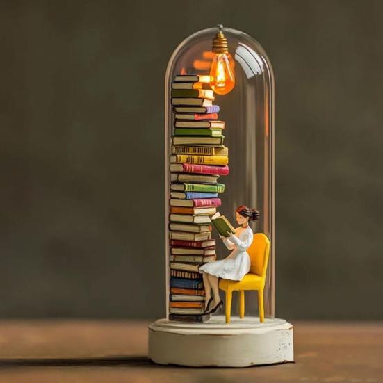 Reading In Tube Night Light Miniature Reader Figurine Statue Home Office Desktop LED Decorative Lamp Ornament Book Lover Gifts