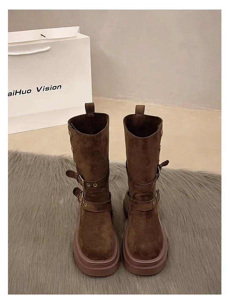 Women's Long Boots Fashion Platform Height Increasing Outdoor Knight Boots 2025 Spring Autumn New Retro Belt Buckle Women Shoes