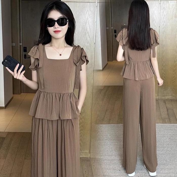 2024 Plus Size Ice Silk Women’s Stylish Summer Two-Piece Set with Wide-Leg Pants