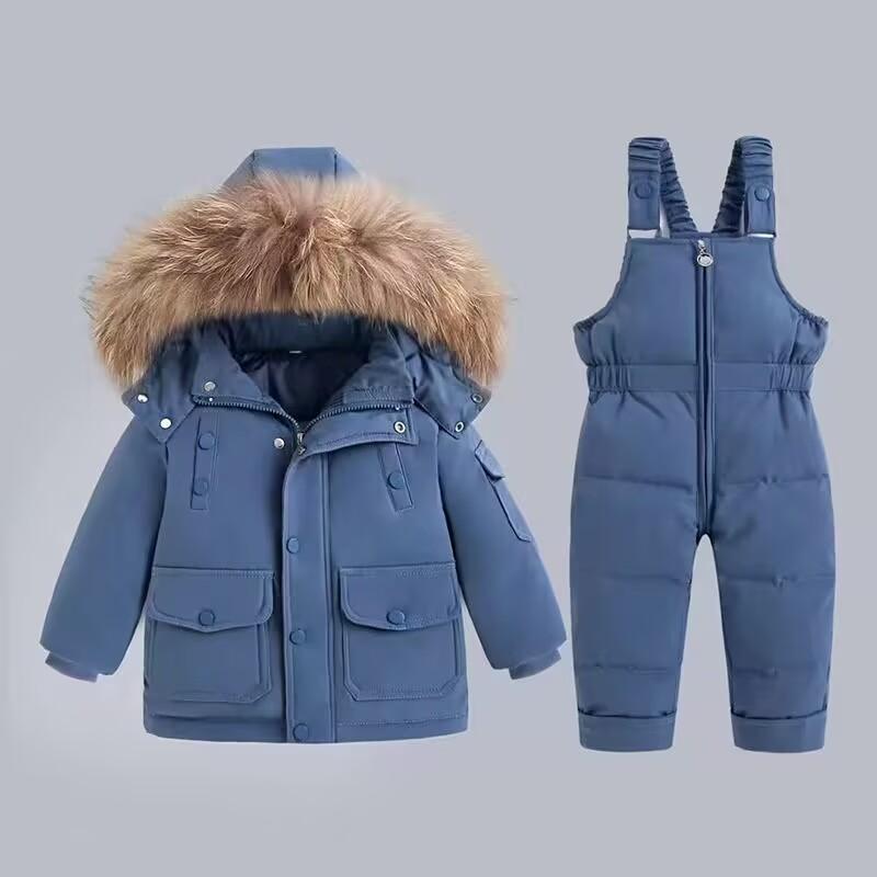 Two Pcs Set Children Winter Down Jacket Jumpsuit Baby Thicken Jacket Girls Coat Warm Real Fur Collar Boys Snowsuit Fashion