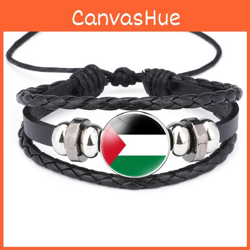 Palestinian Flag Design Gemstone Multi-layer Leather Bracelet Handcrafted Leather Rope Wristband Wholesale