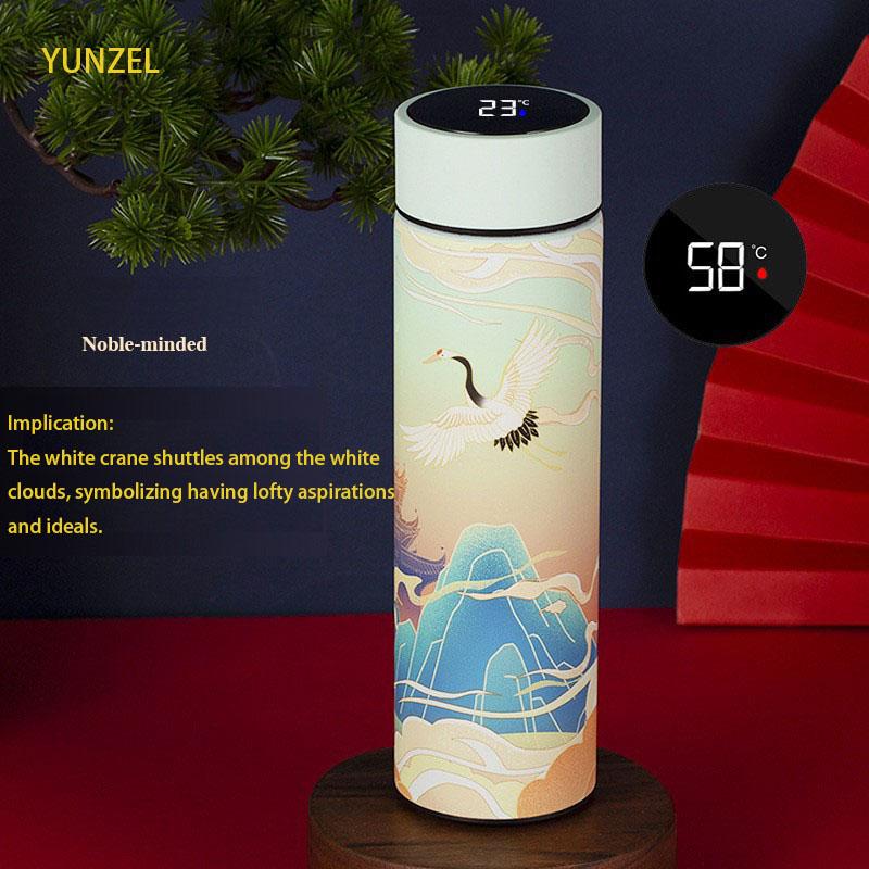 

304 Stainless Steel Insulated Water Bottle 500ml Chinese Style Gift Flask with Temp Display Outdoor Portable Cup 500ml