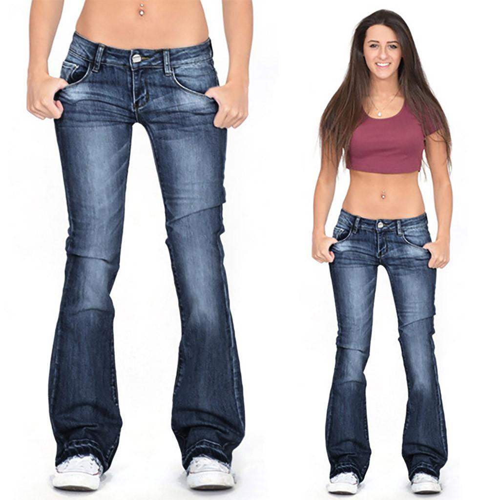 

Women Flare Jeans Mid Waist Bell Jeans Stretch Slim Pants Length Jeans XXL
