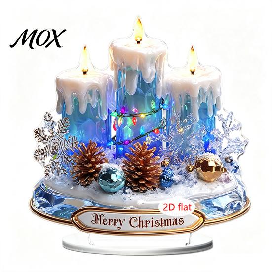 Decorative Holiday Figurines Christmas Candle Ornament, 2D Flat Acrylic Ornament with Base, Tree Decorations Snowman Reindeer Festive Table