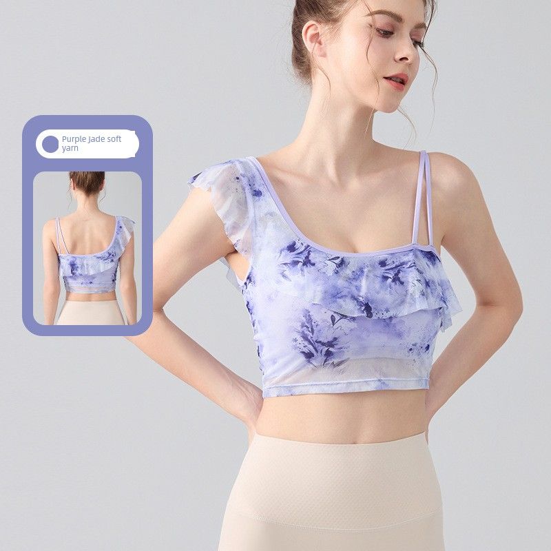 

Yoga Clothes New Sloping Shoulder Sexy Frill Sports Underwear Shoulder Belt Chest Pad Mesh Quick-Drying Slimming Workout Clothes Purple Jade soft yarn S