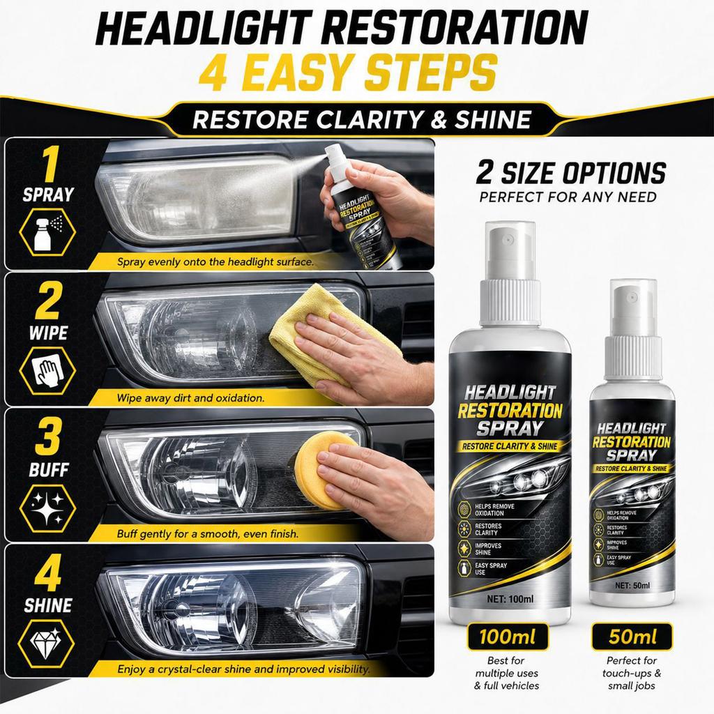 Automotive Headlight Lens Restoration Spray for Foggy, Oxidized, or Yellowed Car Headlights