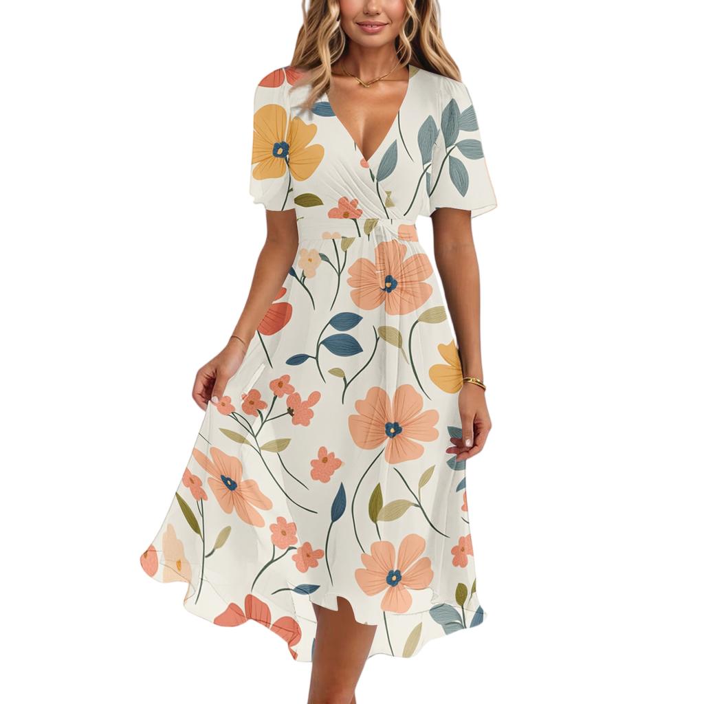 Women V Neck Short Sleeve Floral Print Dress Casual Loose Fit Summer Midi Dress Lightweight Flowing Elegant Style