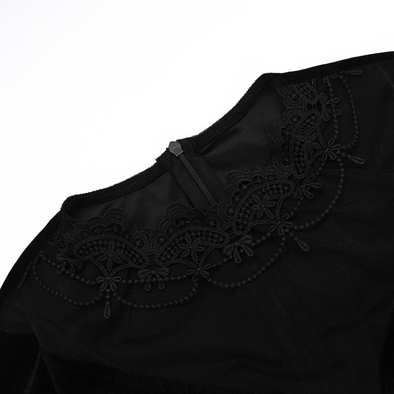 AltGoth Gothic Dark Halloween Velvet Dress Women Vintage Fairy Grunge Lace Patchwork Flare Sleeve High Waist Evening Party Dress