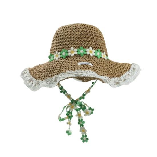 Straw Hat Wide Brim Embroidery Lace Splicing Beach Hat Embroidered Floral Adjustable Chin Strap Summer Sun Protection Hat