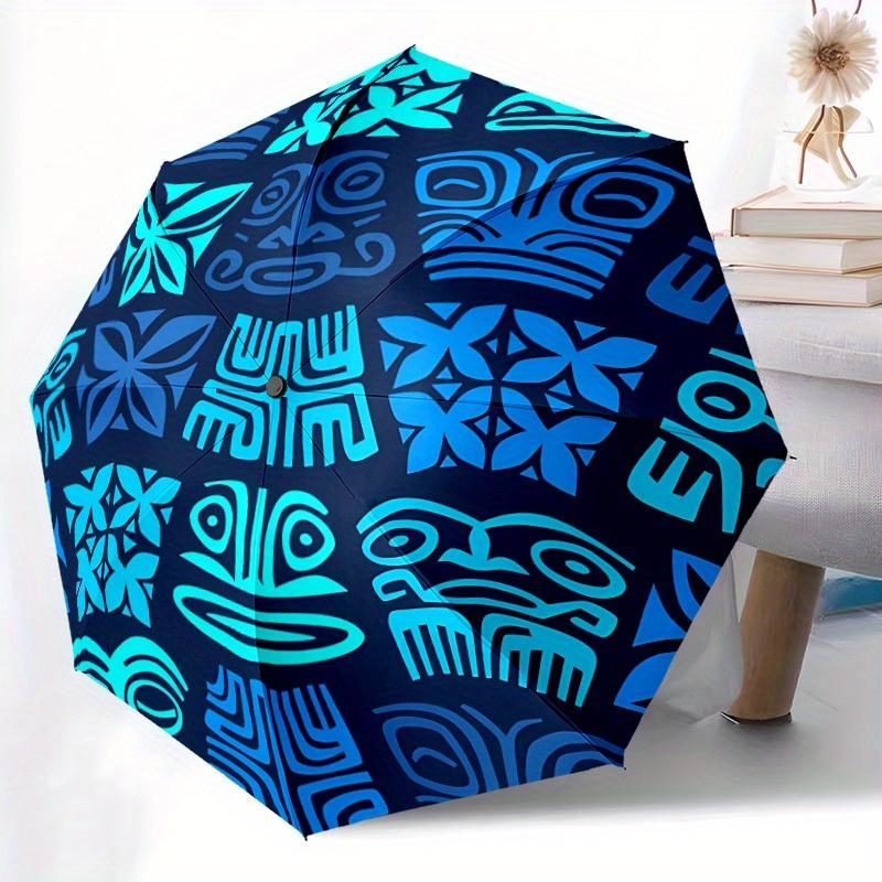 1pc Polynesian Pattern Automatic Folding Umbrella - 8-Rib Iron Frame, Windproof, Portable Sunshade with Plastic Handle for Travel & Outdoor