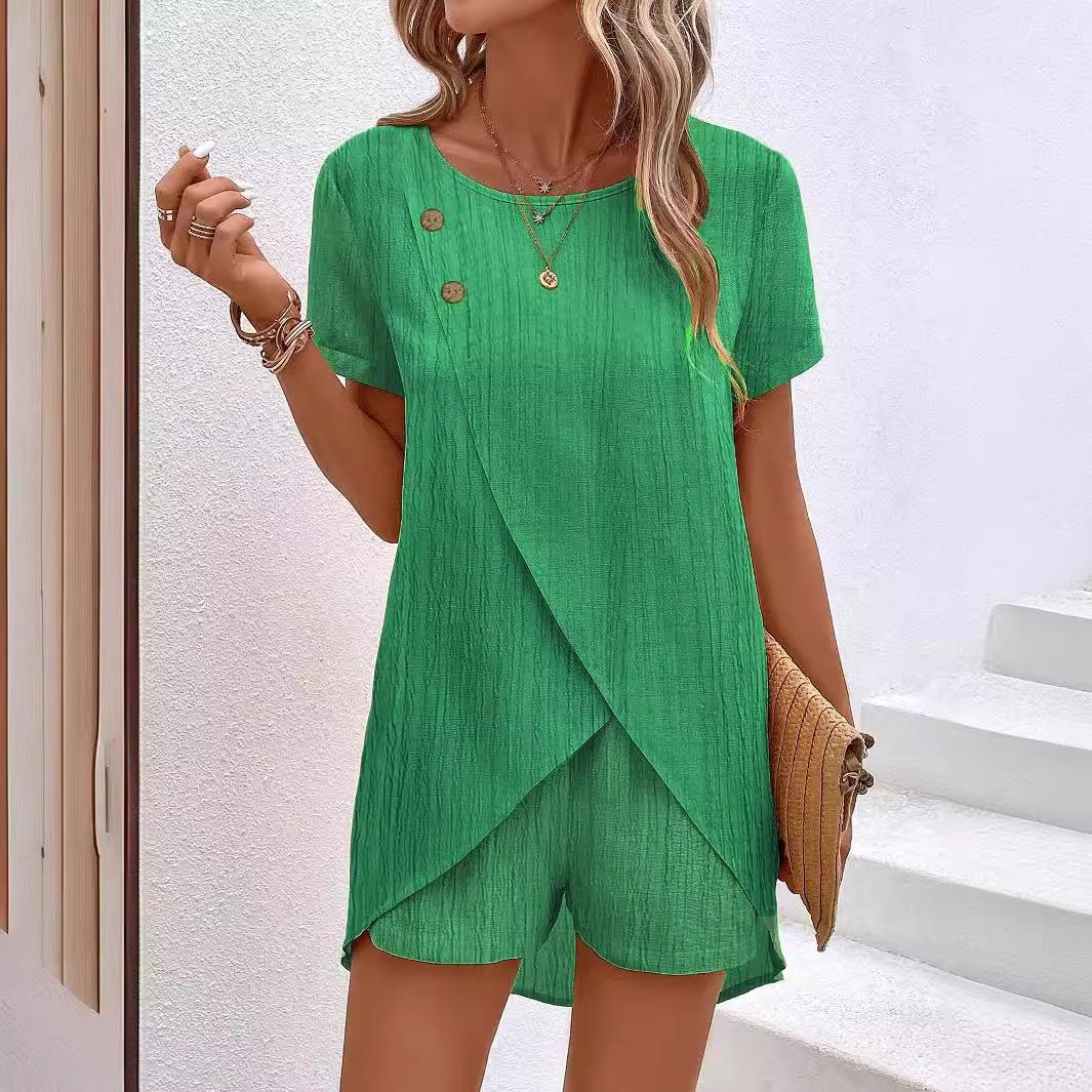 

GMXIA Женские модные повседневные однотонные спортивные шорты с коротким рукавом и круглым вырезом и высокой талией XL зелёный